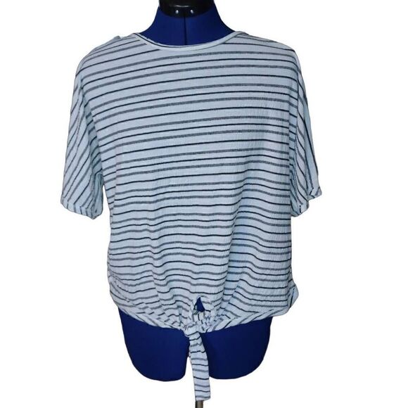 Nine West Women's Striped Bateau Neckline Tie knot Hem Shirt White Medium - Picture 5 of 13